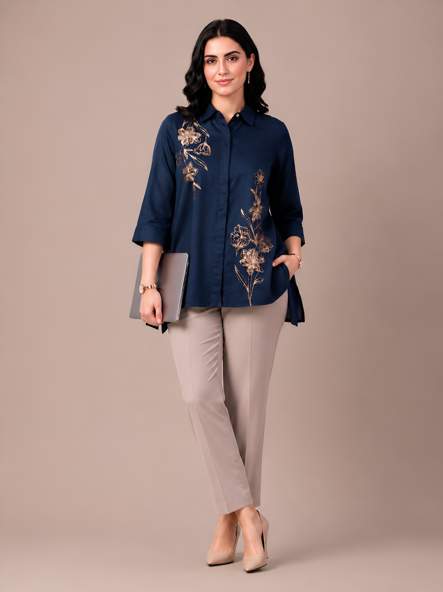 Navy Blue Modal Satin Embroidered Short Kurti