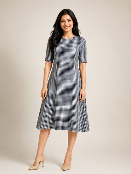 Navy & White Checkered Midi Dress