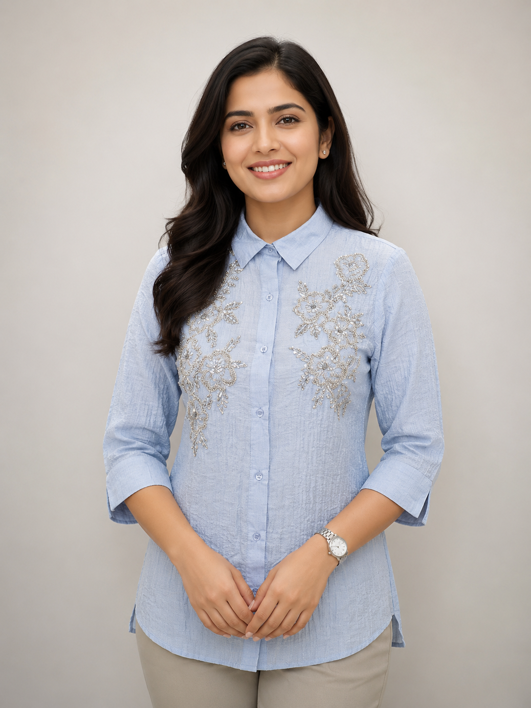 House of S Sky Blue Shirt with Floral Thread Embroidery