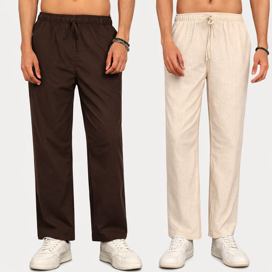 Menâ€™s Linen Pajama Combo â€“ Beige &  Brown (Pack of 2)