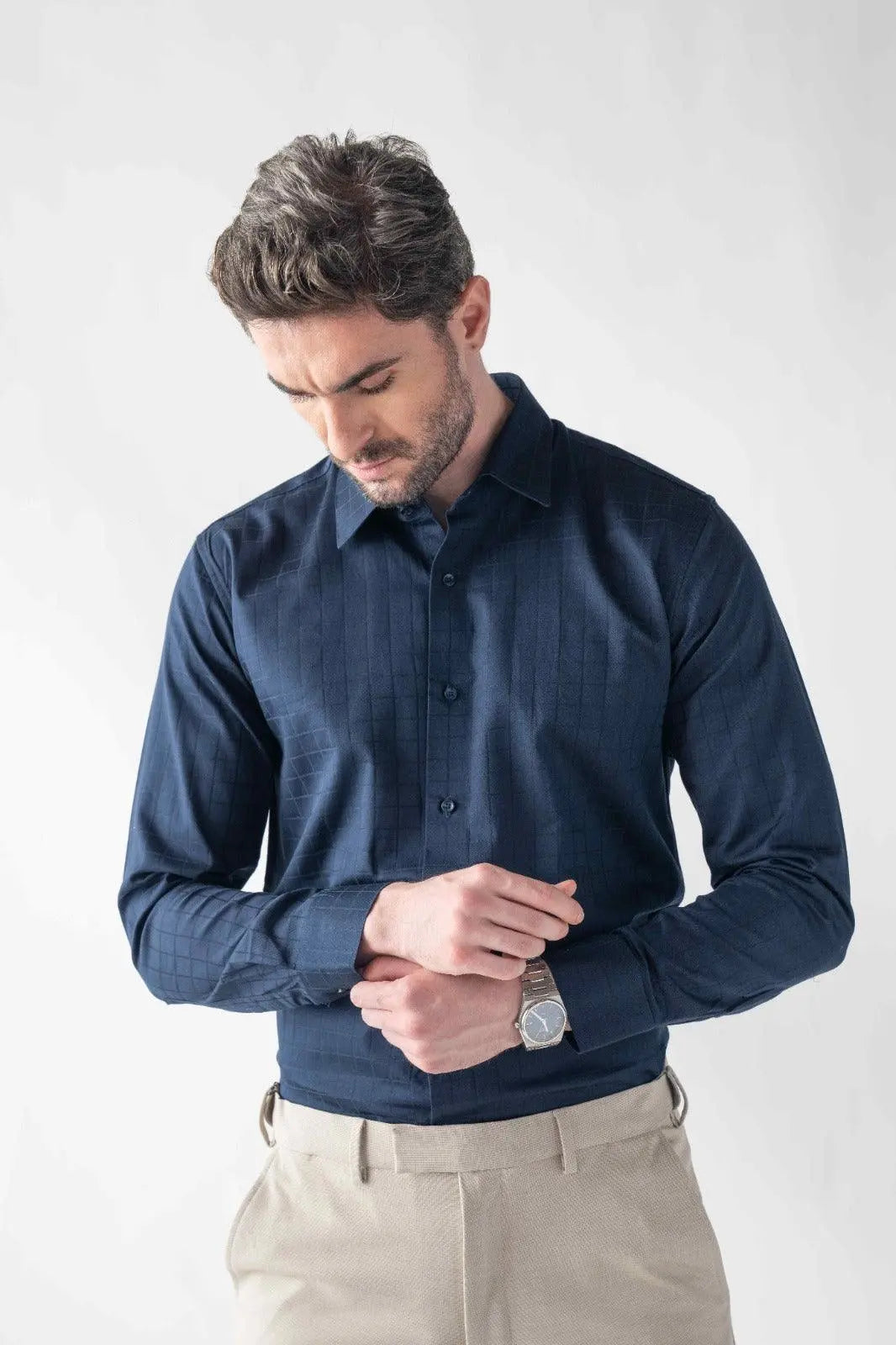 Men's Checkmate Giza Satin Dark Navy Shirt Vellure