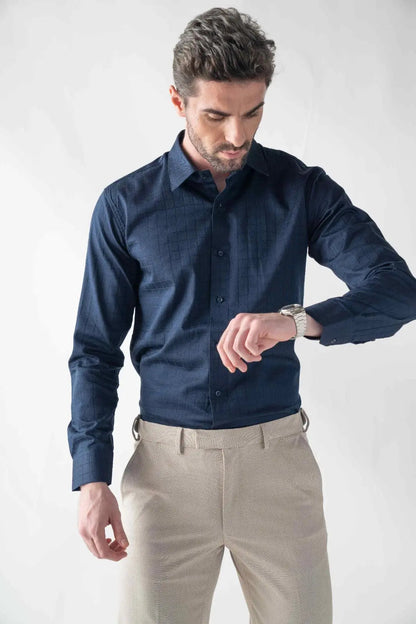 Men's Checkmate Giza Satin Dark Navy Shirt Vellure