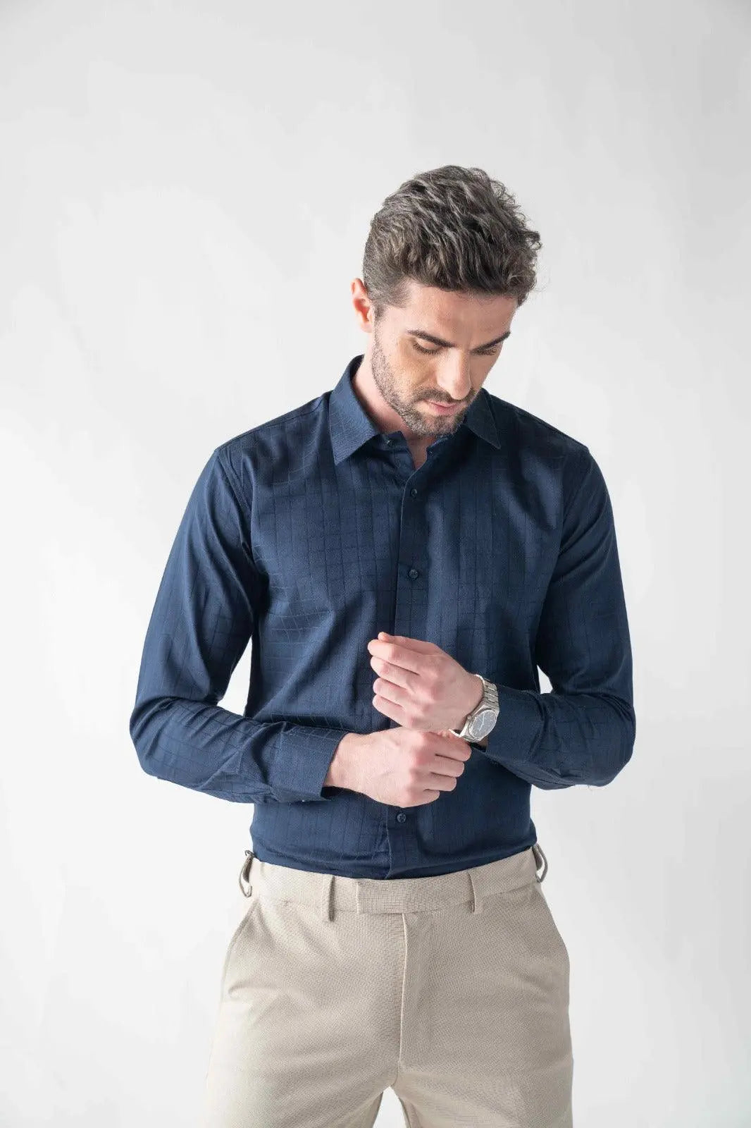 Men's Checkmate Giza Satin Dark Navy Shirt Vellure