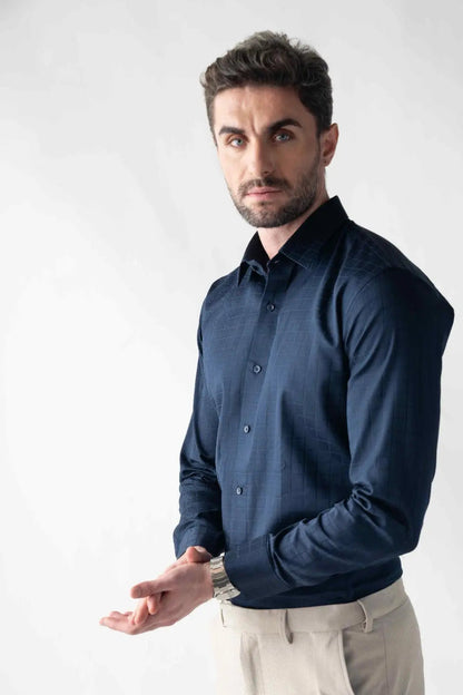 Men's Checkmate Giza Satin Dark Navy Shirt Vellure
