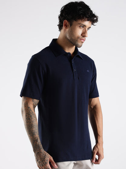 Navy Blue Cotton Polo T-Shirt for Men