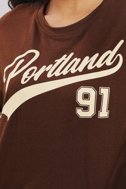 Funny Tales Print Extended Sleeves Cotton Brown Boxy Top