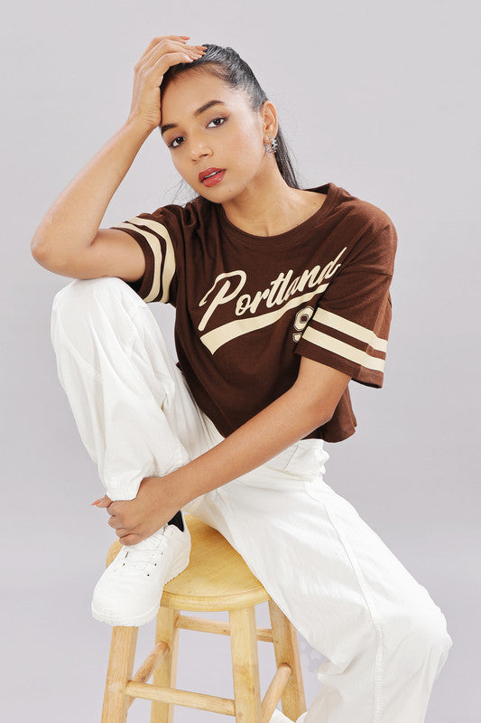 Funny Tales Print Extended Sleeves Cotton Brown Boxy Top