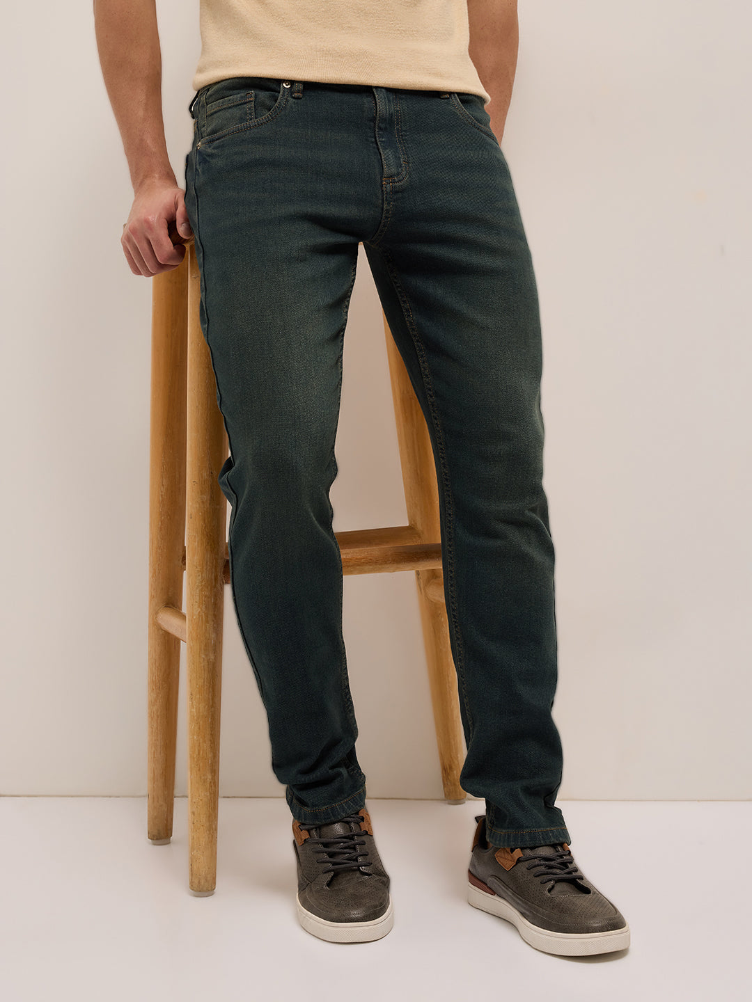 Dark Green Mid-Rise Slim Fit Jeans with Light Fade