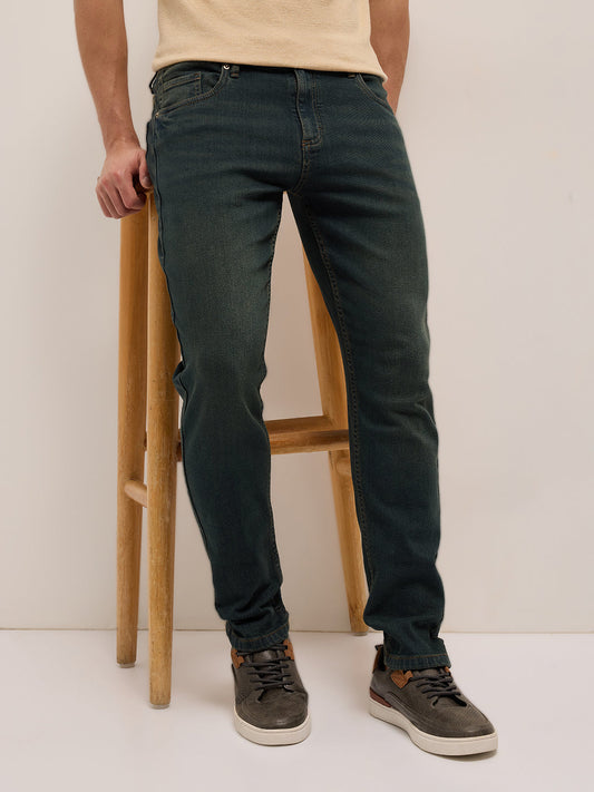 Dark Green Mid-Rise Slim Fit Jeans with Light Fade