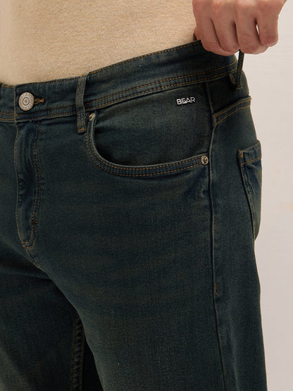 Dark Green Mid-Rise Slim Fit Jeans with Light Fade