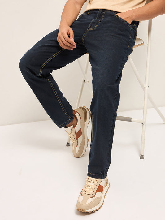 Dark Blue with Light Fade Mid-Rise Relaxed Fit Jeans