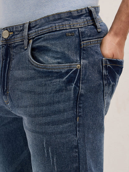 Mid Blue Mid-Rise Slim Fit Jeans with Lightly distressed