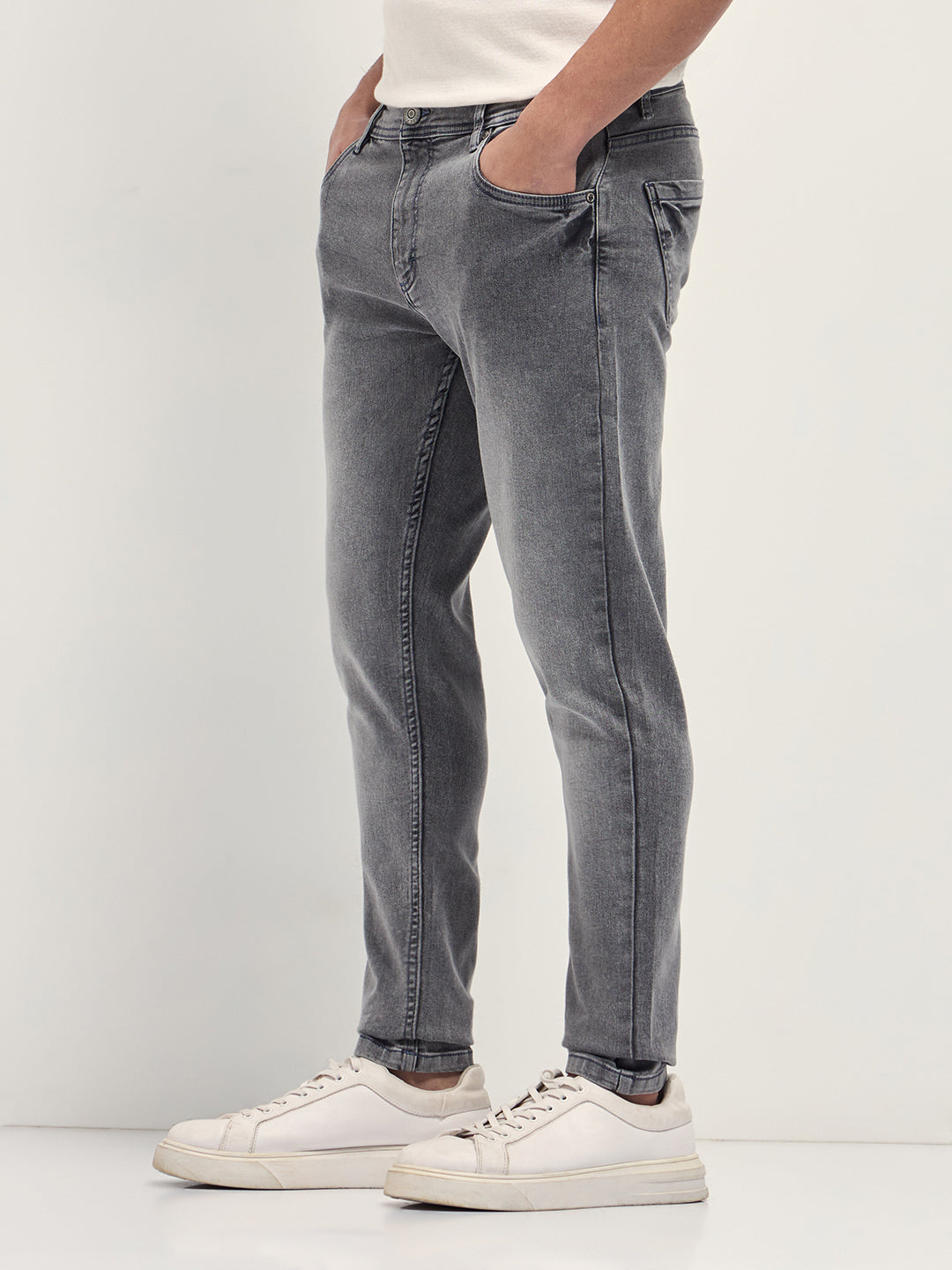 Light Grey Mid-Rise Skinny Fit Jeans with Light Fade
