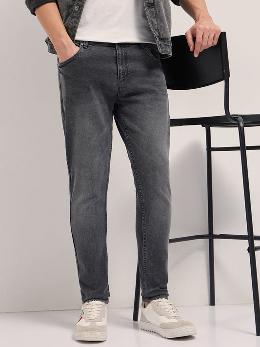 Grey Mid-Rise Skinny Fit Jeans with Light Fade