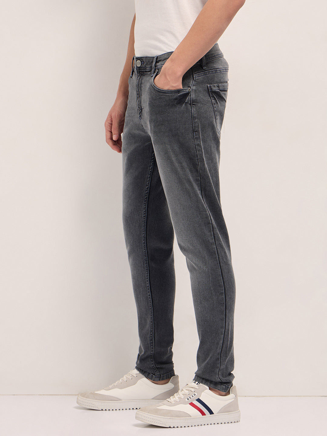 Grey Mid-Rise Skinny Fit Jeans with Light Fade