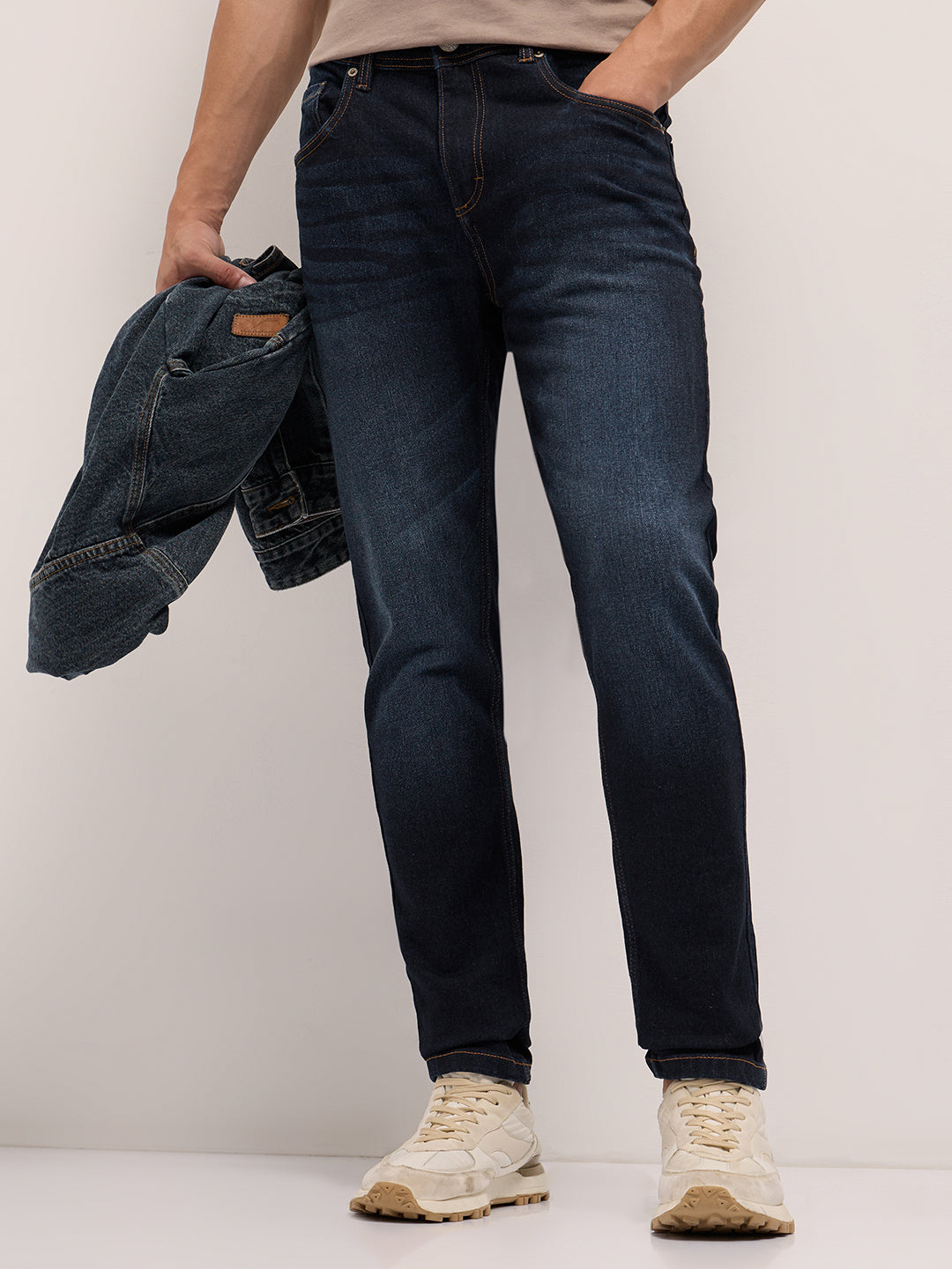 Dark Blue Mid-Rise Slim Fit Jeans with Light Fade