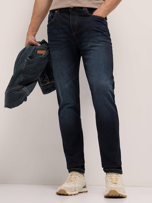 Dark Blue Mid-Rise Slim Fit Jeans with Light Fade