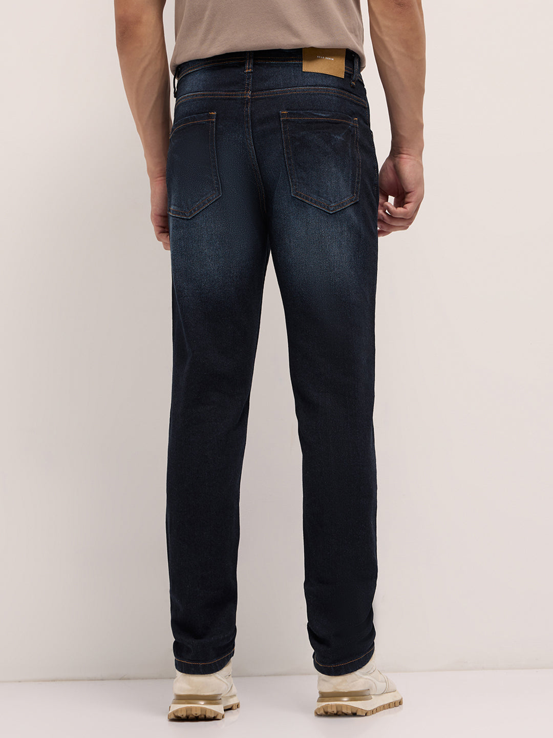 Dark Blue Mid-Rise Slim Fit Jeans with Light Fade