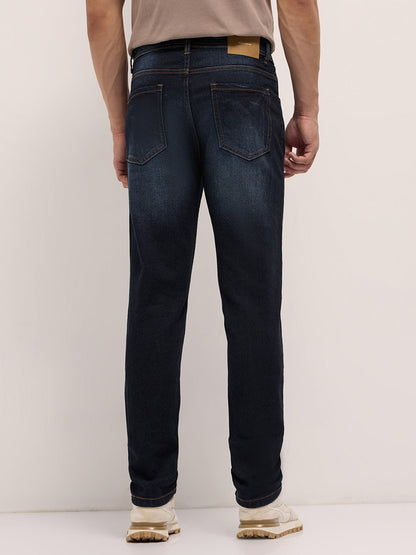 Dark Blue Mid-Rise Slim Fit Jeans with Light Fade