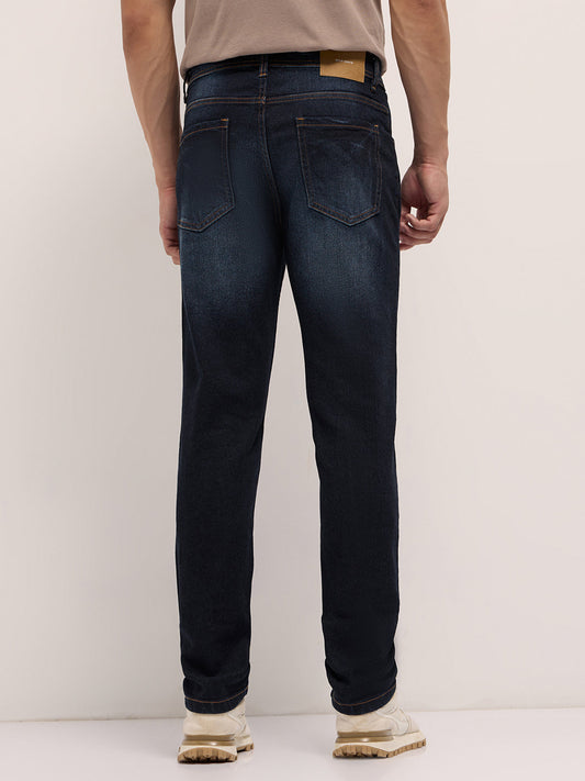 Dark Blue Mid-Rise Slim Fit Jeans with Light Fade
