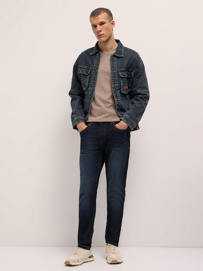 Dark Blue Mid-Rise Slim Fit Jeans with Light Fade