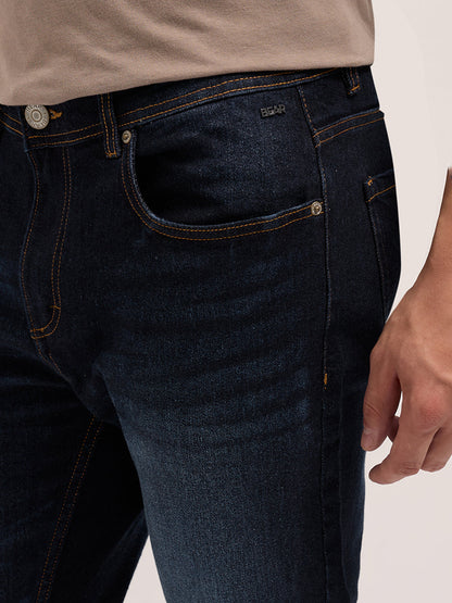 Dark Blue Mid-Rise Slim Fit Jeans with Light Fade