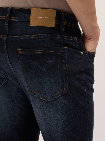 Dark Blue Mid-Rise Slim Fit Jeans with Light Fade