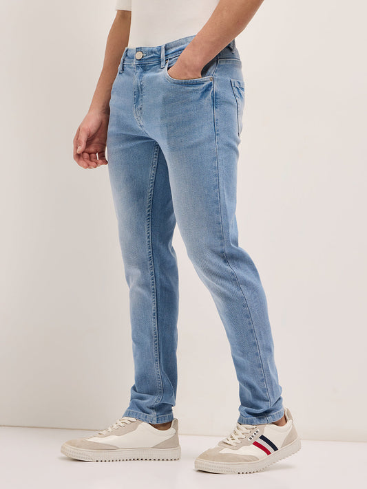 Light Blue Mid-Rise Slim Fit Jeans with Light Fade