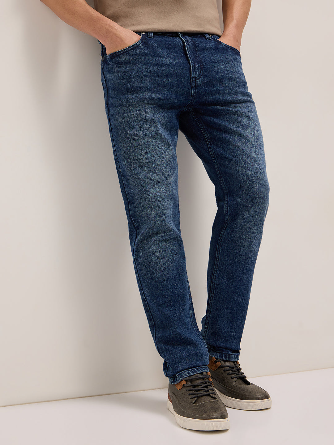 Mid Blue Mid-Rise Slim Fit Jeans with Light Fade
