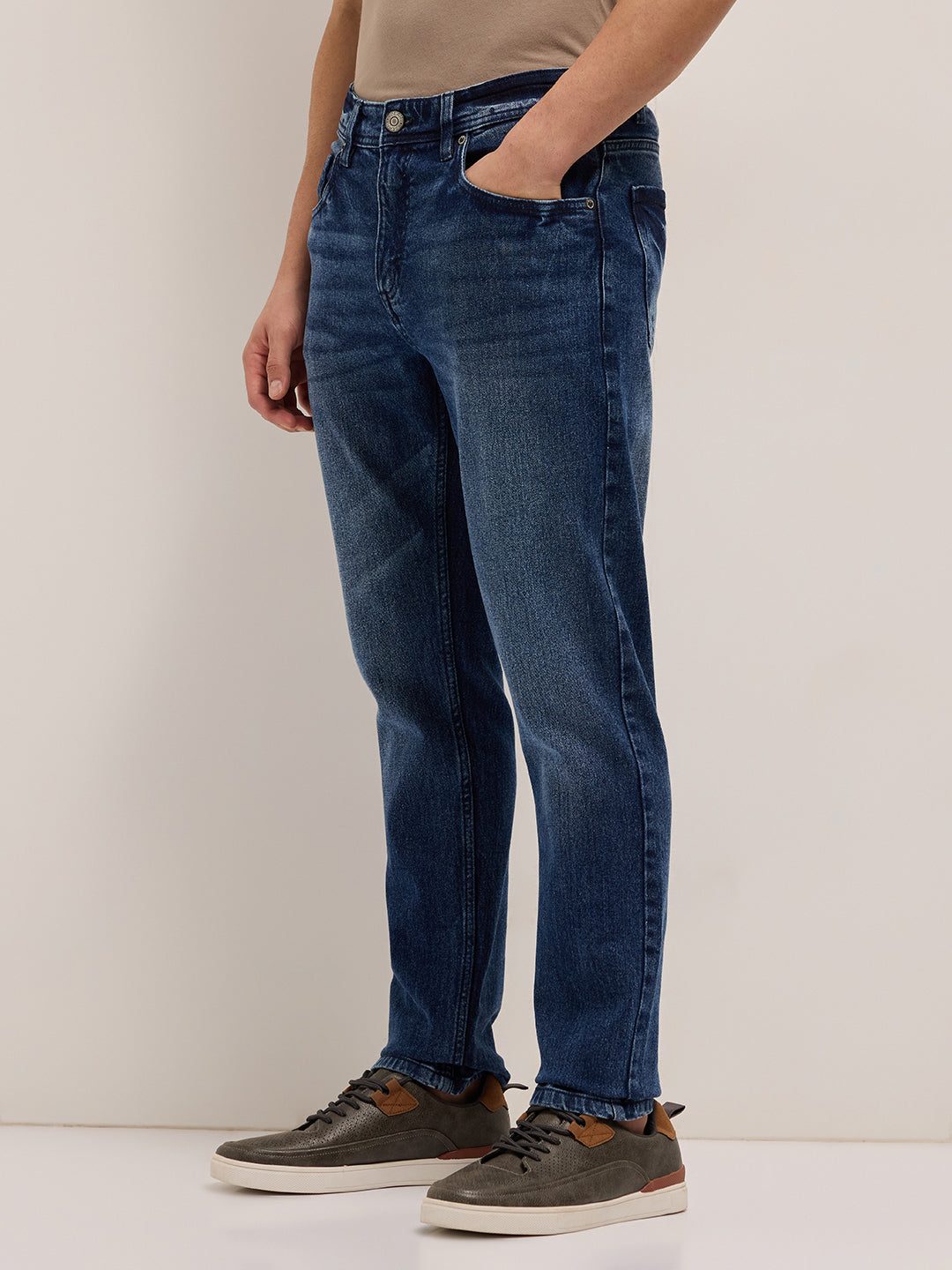 Mid Blue Mid-Rise Slim Fit Jeans with Light Fade