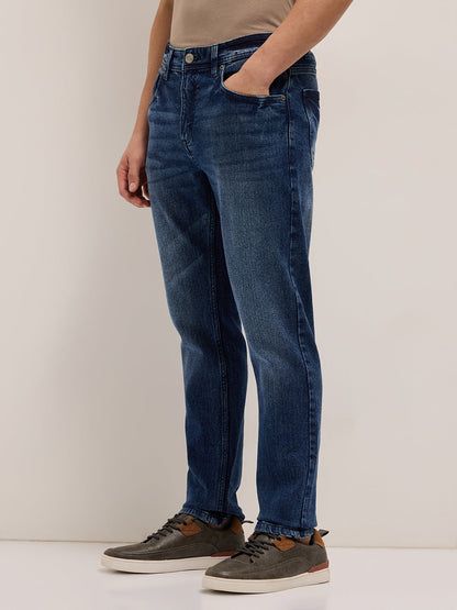 Mid Blue Mid-Rise Slim Fit Jeans with Light Fade