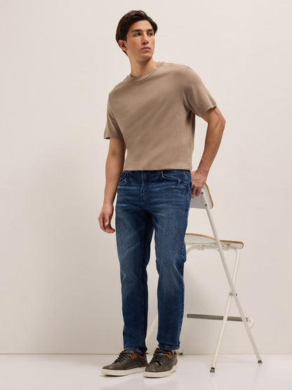 Mid Blue Mid-Rise Slim Fit Jeans with Light Fade