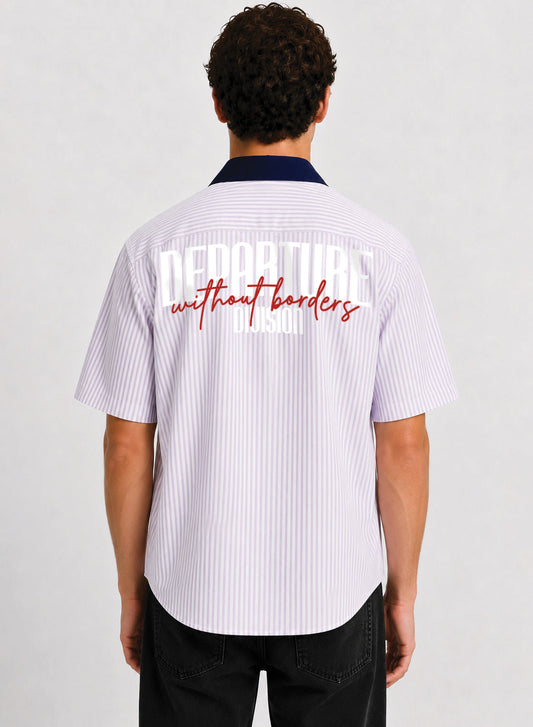 ADRO Without Borders Half Sleeve Striped Shirt for Men | Cotton Blend Casual Shirts | Relaxed Fit Contrast Collar Summer Wear | Lavender Lavender