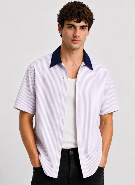 ADRO Without Borders Half Sleeve Striped Shirt for Men | Cotton Blend Casual Shirts | Relaxed Fit Contrast Collar Summer Wear | Lavender