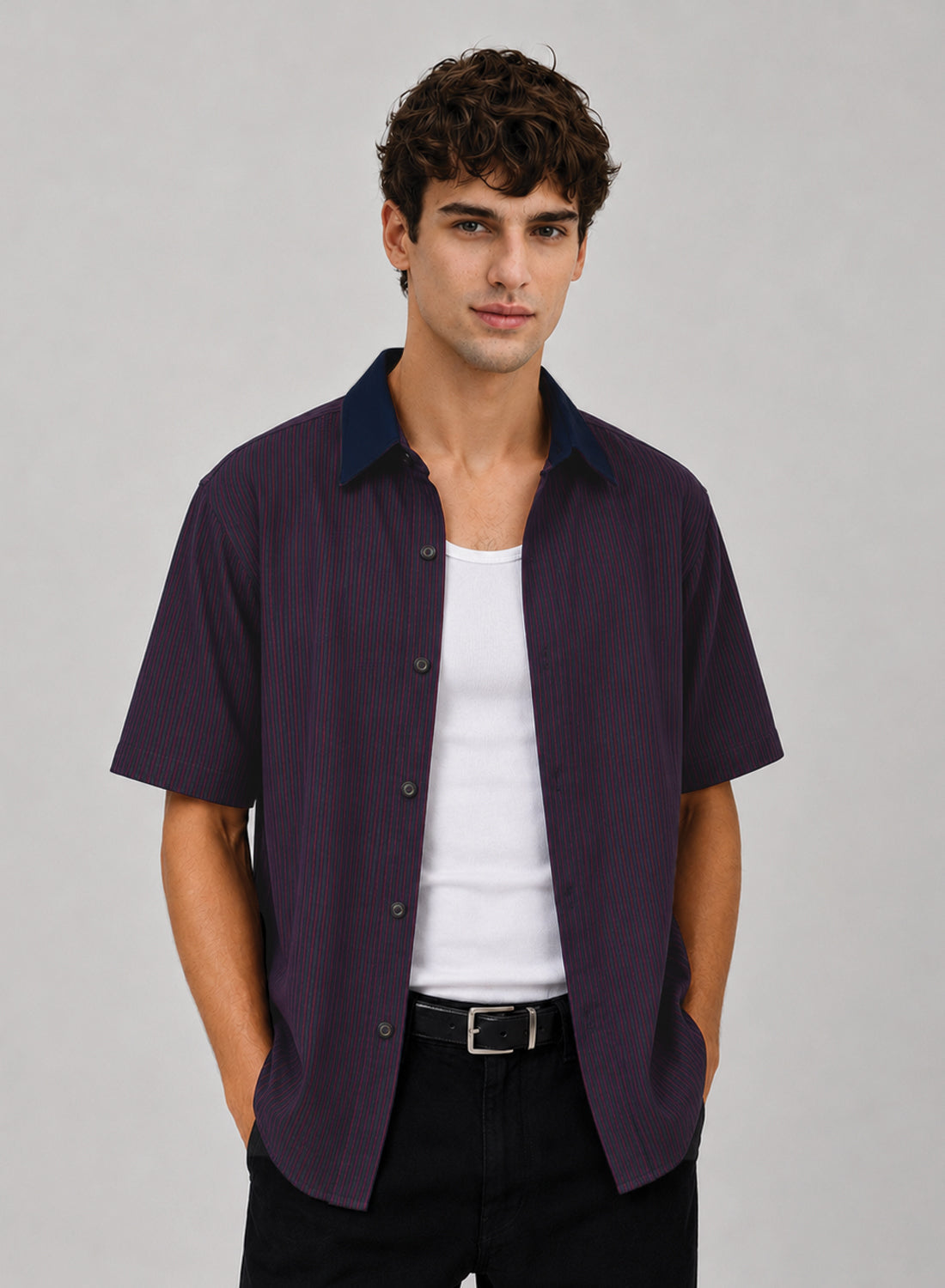 ADRO Without Borders Half Sleeve Striped Shirt for Men | Cotton Blend Casual Shirts | Relaxed Fit Contrast Collar Summer Wear | Maroon