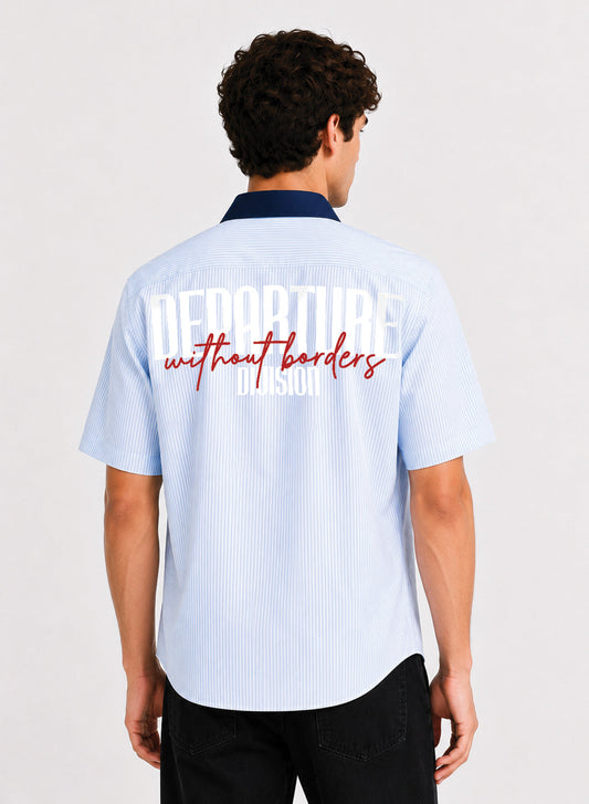 ADRO Without Borders Half Sleeve Striped Shirt for Men | Cotton Blend Casual Shirts | Relaxed Fit Contrast Collar Summer Wear | Sky Blue Sky Blue