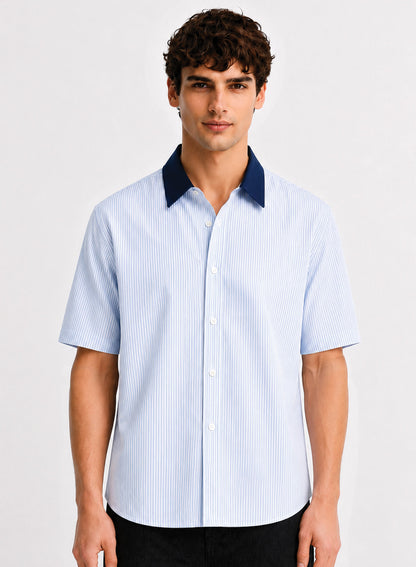 ADRO Without Borders Half Sleeve Striped Shirt for Men | Cotton Blend Casual Shirts | Relaxed Fit Contrast Collar Summer Wear | Sky Blue