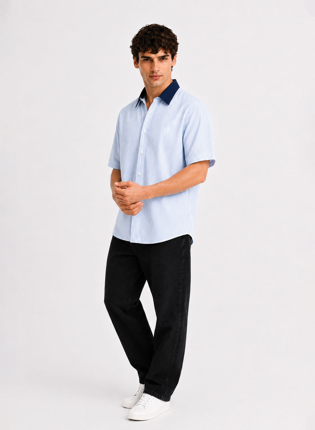 ADRO Without Borders Half Sleeve Striped Shirt for Men | Cotton Blend Casual Shirts | Relaxed Fit Contrast Collar Summer Wear | Sky Blue