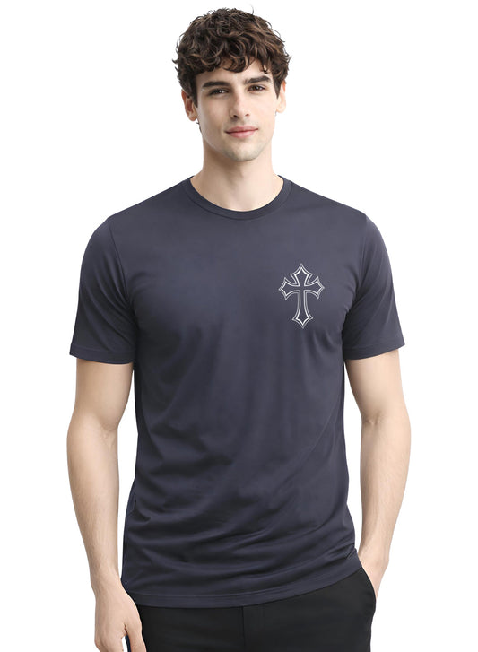 Adro Mens Cross Printed T-Shirt | Minimal Chest Graphic Cotton Casual Tshirt | Trendy Stylish Comfortable Regular Fit T shirt for Men Dark Grey