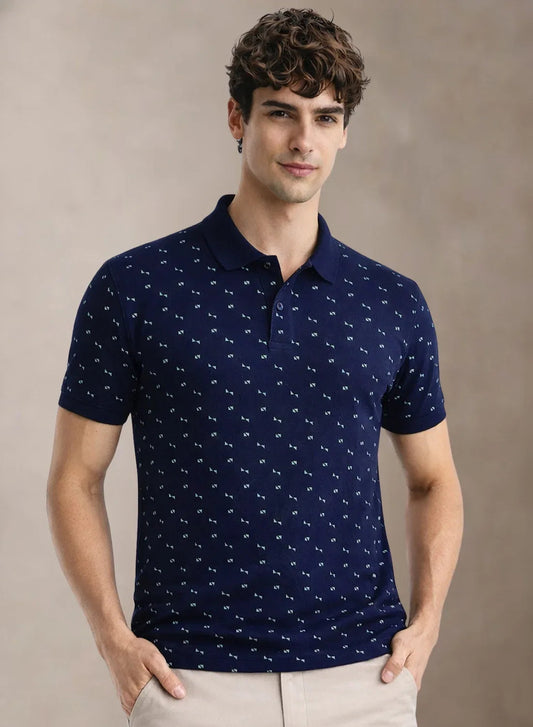 Adro Polo T-Shirt for Men | Allover Printed Polo T Shirt | Cotton Polo Tshirt Navy