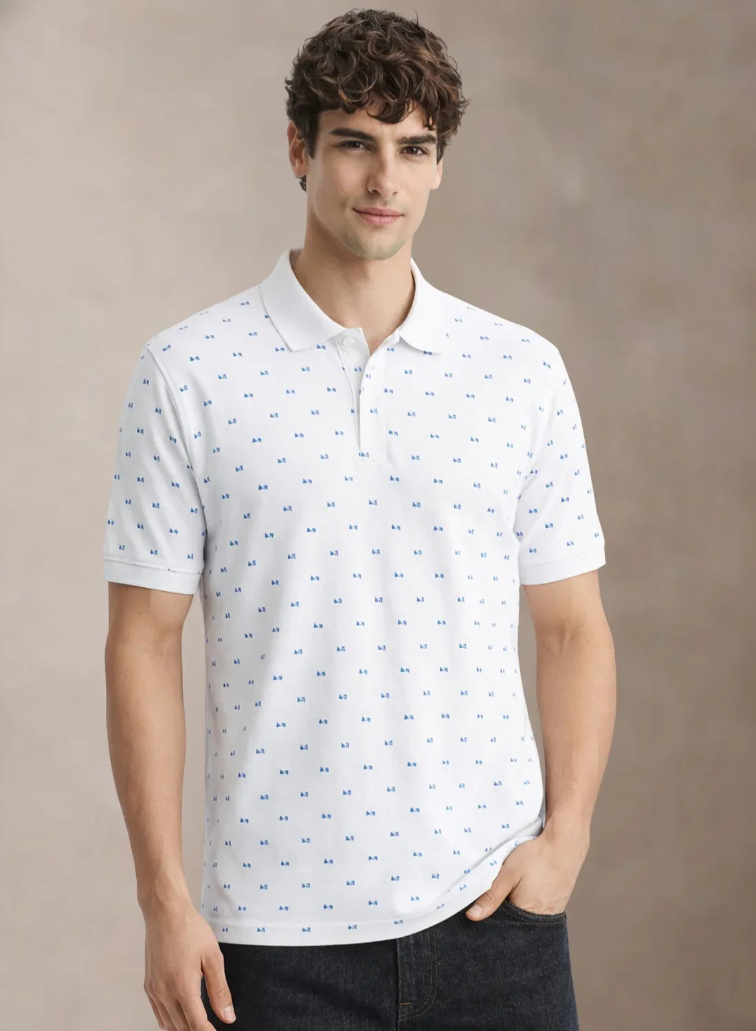 Adro Polo T-Shirt for Men | Allover Printed Polo T Shirt | Cotton Polo Tshirt Milk White