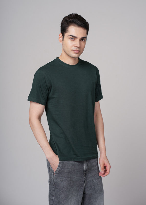Funny Tales Solid Bottle Green T-shirt for Men