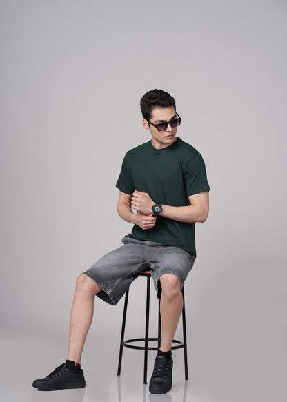Funny Tales Solid Bottle Green T-shirt for Men