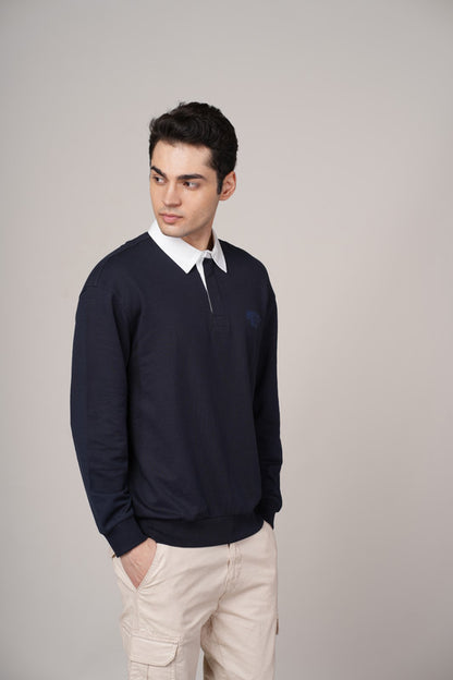 Funny Tales Navy Blue Polo Neck Sweatshirt for Men
