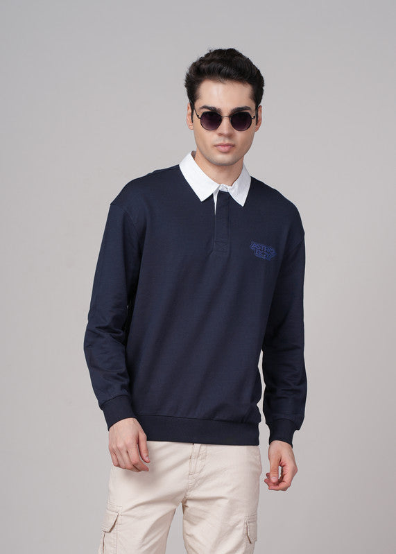 Funny Tales Navy Blue Polo Neck Sweatshirt for Men