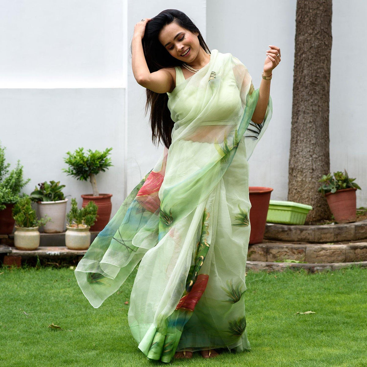 Buy Mint Green Flamingo Hand Painted Saree Online for Women - Ambraee