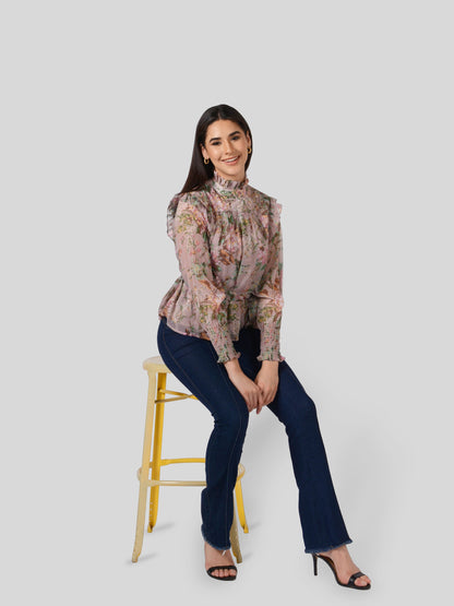  Beige Long Sleeve Belted Swing Top