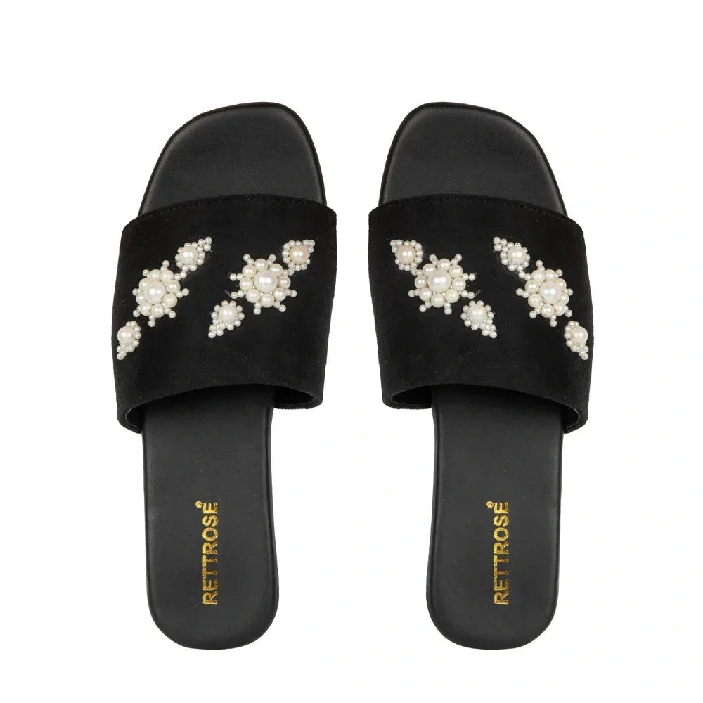 The Luna Grace Pearl Black Embellished Flats Rettrose