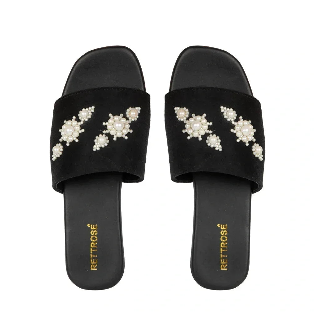 The Luna Grace Pearl Black Embellished Flats Rettrose