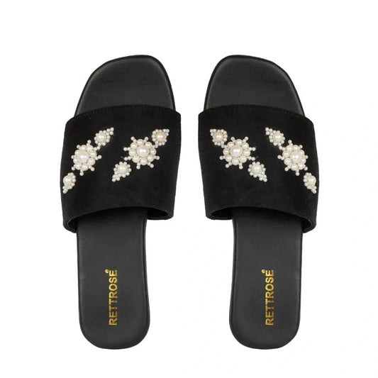 The Luna Grace Pearl Black Embellished Flats Rettrose